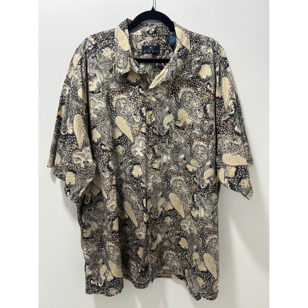 Enro Mens 3X Big Paisley Cotton Short Sleeve Button Down Shirt Navy Tan Cream